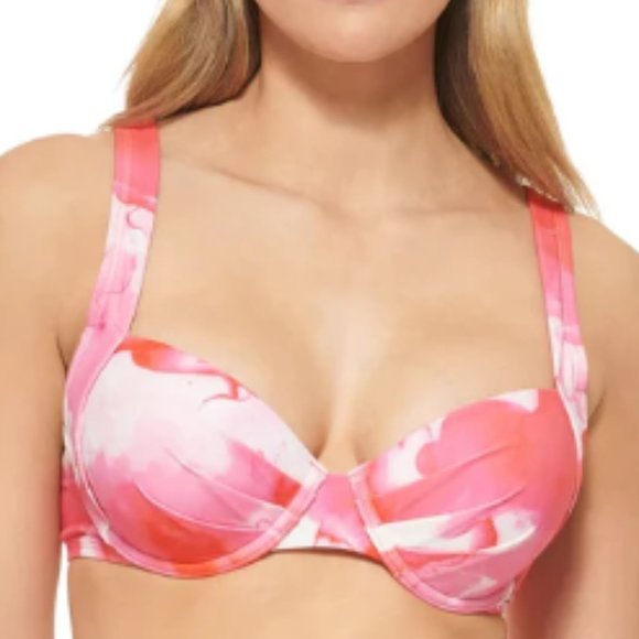 Calvin Klein Printed Pleated Convertible Underwire Bikini Top Pink Watercolor L - Picture 1 of 13